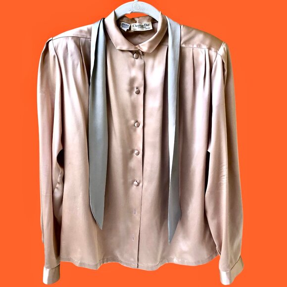 Christian Dior SILK Long Sleeve Blouse Beige Shirt with Gray Tie Womens 12
